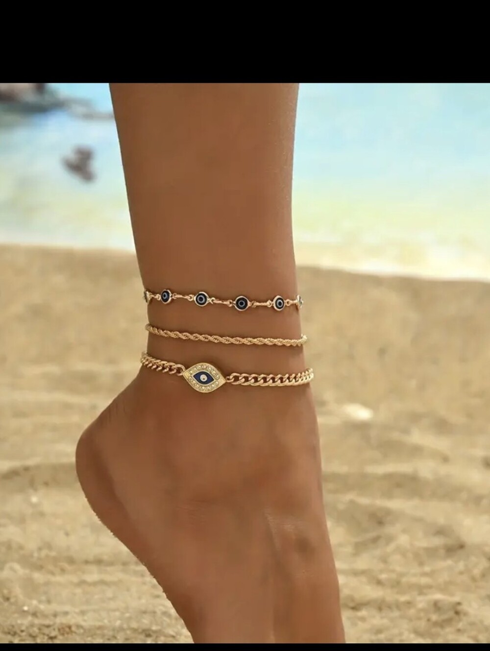 14K Gold Plated Evil Eye Rhinestone Ankle Bracelets